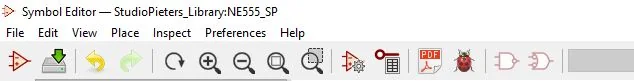The Symbol Editor title bar and toolbar showing StudioPieters_Library:NE555_SP