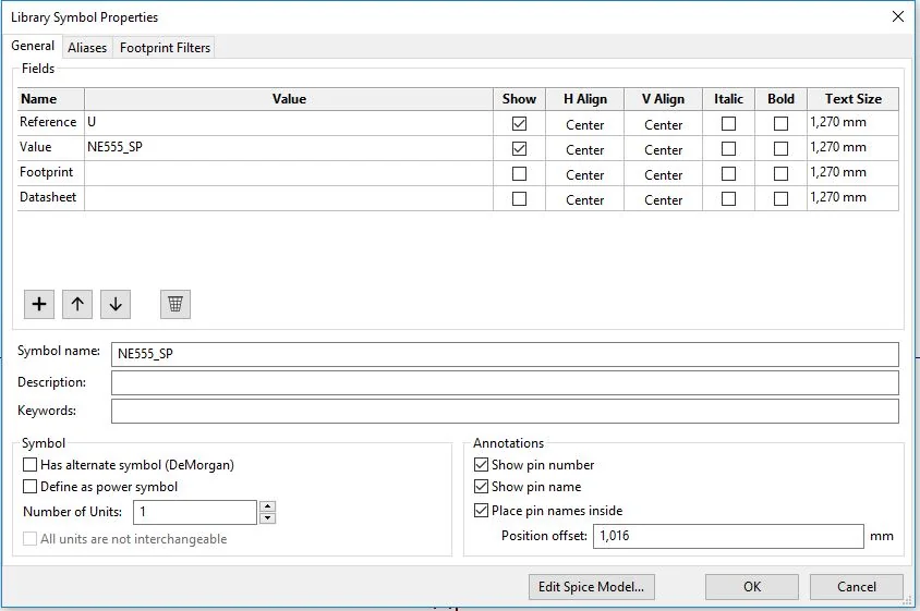 Library Symbol Properties dialog with reference U and value NE555_SP