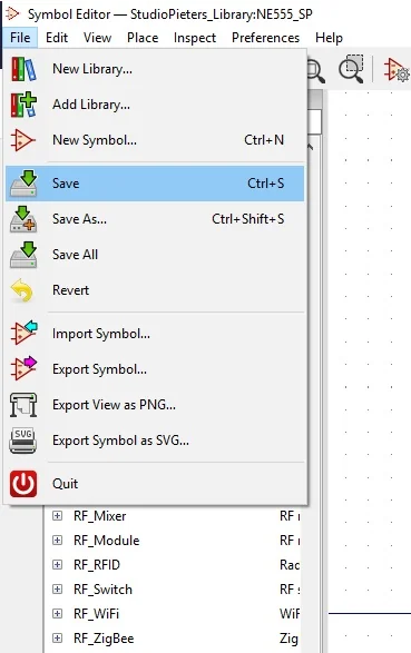 The File menu in the Symbol Editor with Save highlighted