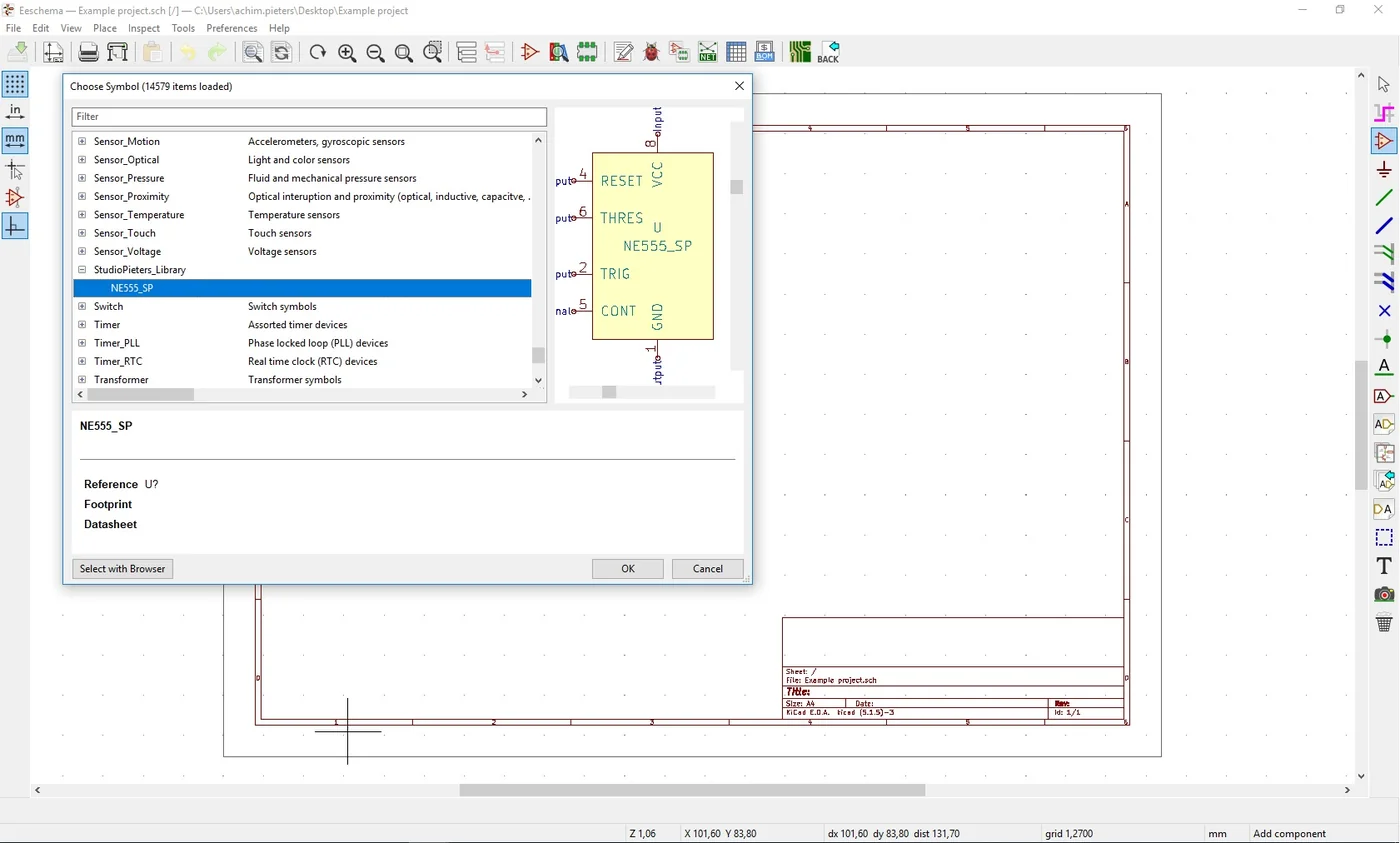 The schematic editor Choose Symbol dialog showing NE555_SP under StudioPieters_Library with a preview