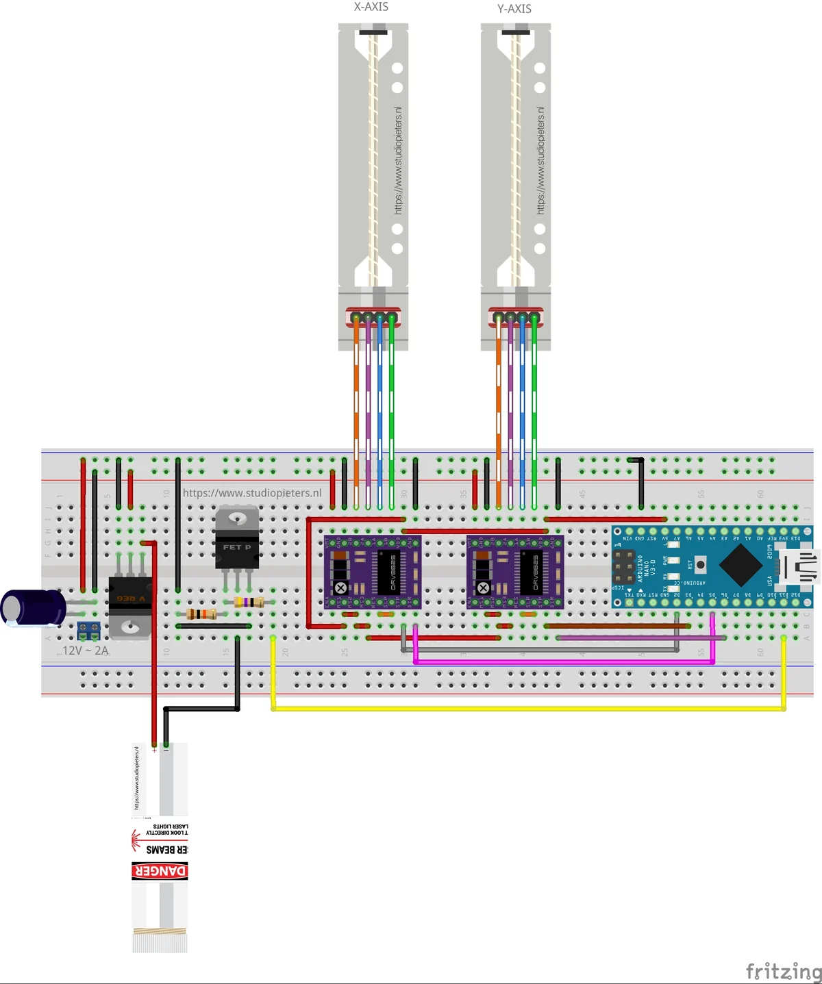 A breadboard diagram with an Arduino Nano, two driver modules and two stepper motors