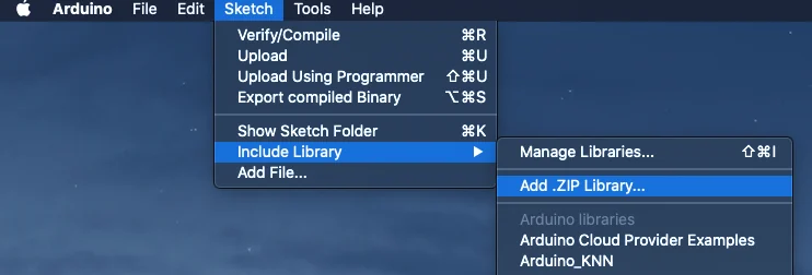 The Arduino IDE Sketch menu with Include Library and Add .ZIP Library selected