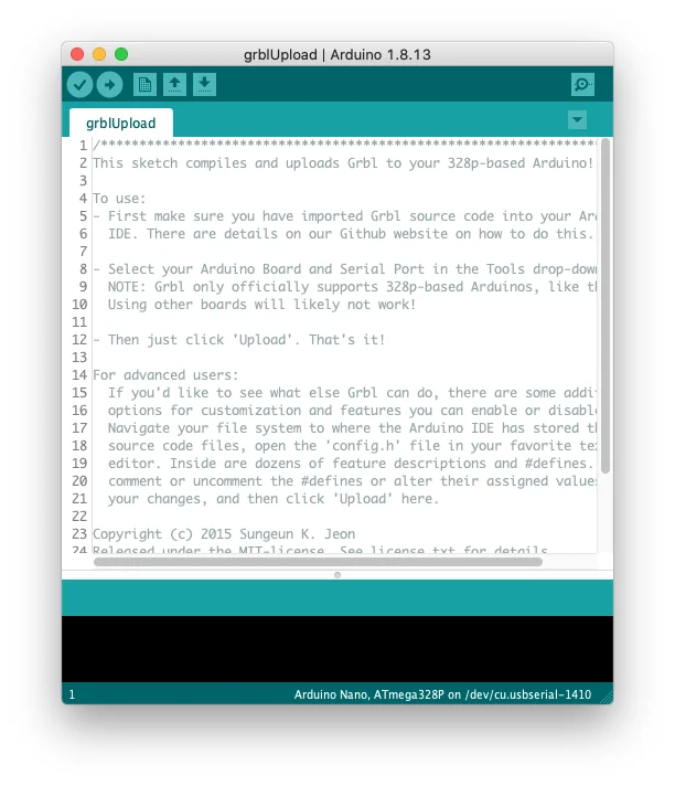 The grblUpload sketch in the Arduino IDE