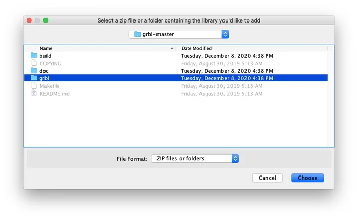 The file dialog to select the GRBL library