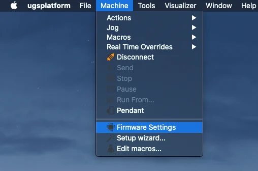 The Machine menu of Universal Gcode Sender with Firmware Settings selected