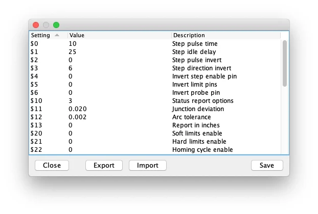 The list of GRBL settings in Universal Gcode Sender