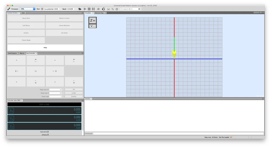 The Universal Gcode Sender window with the axes and the control panel
