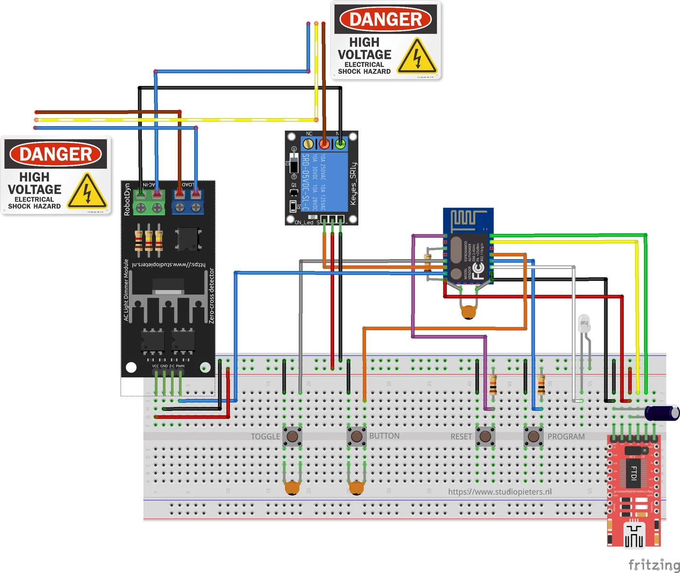 Breadboard diagram with an ESP8266 module, an AC light dimmer module, a relay module, a TOGGLE and a BUTTON push button and warning signs for high voltage