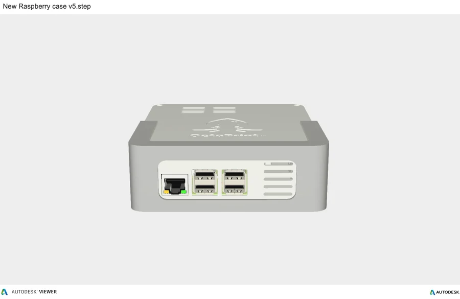 A render of the front of the enclosure with the network port and four USB ports