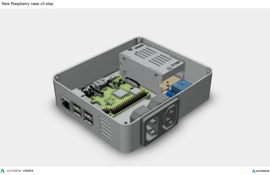 A render of the open enclosure with the Raspberry Pi and the relay module inside