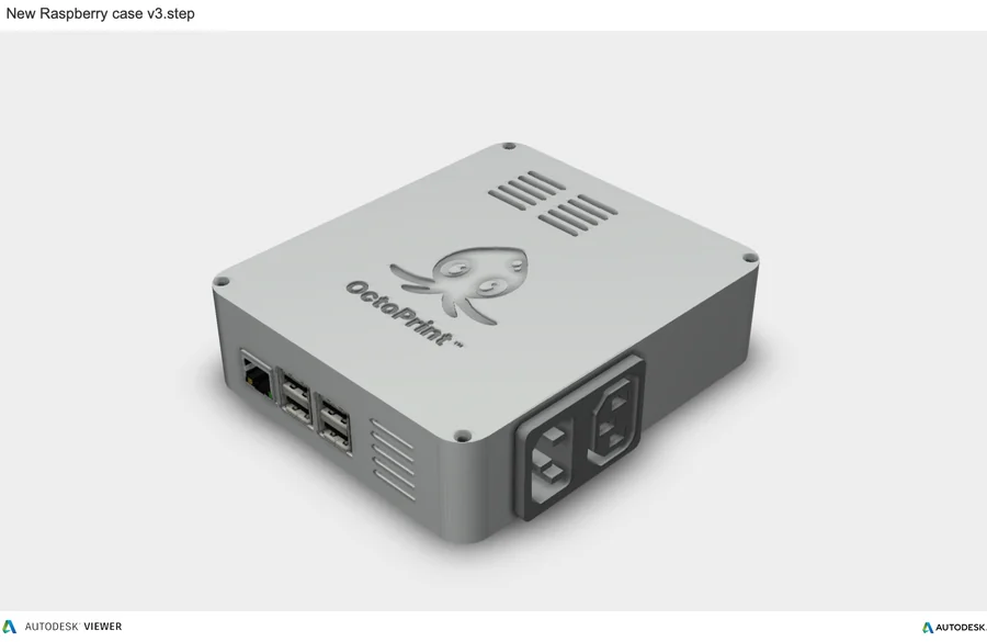 A render of the closed enclosure with vents and an OctoPrint logo on the lid