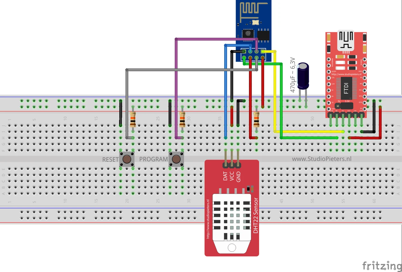 Breadboard diagram with an ESP-01 style module, an FTDI adapter, RESET and PROGRAM buttons and a DHT22 sensor