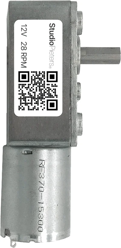 A 12 V DC motor with a gearbox, marked 28 RPM