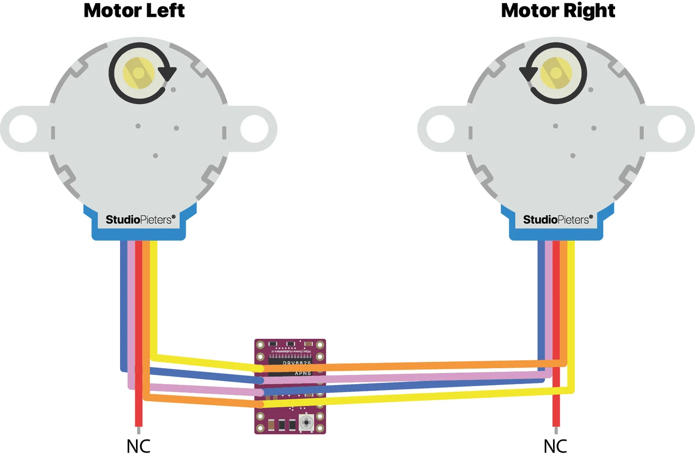 Diagram of two 28BYJ-48 motors, both connected to one DRV8825 driver